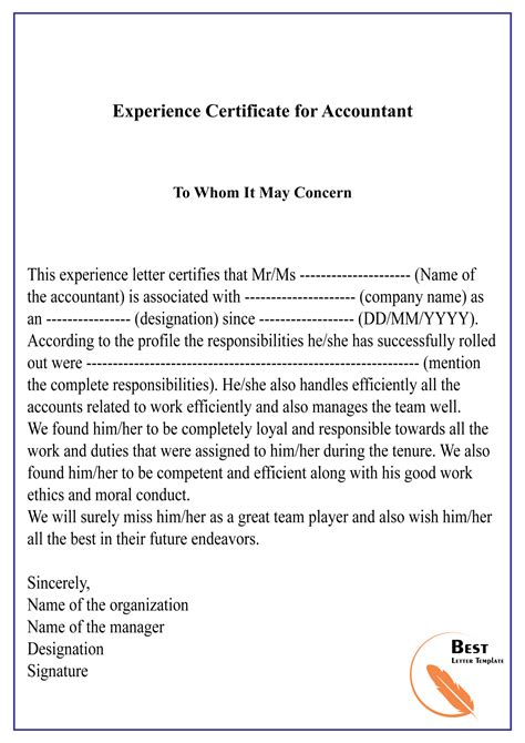 Experience Certificate For Accountant-01 | Best Letter Template inside Certificate Of Experience ...