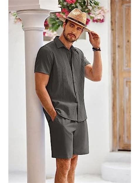 Buy COOFANDY Men S Cotton Guayabera Beach Outfits Sets Linen 2 Piece