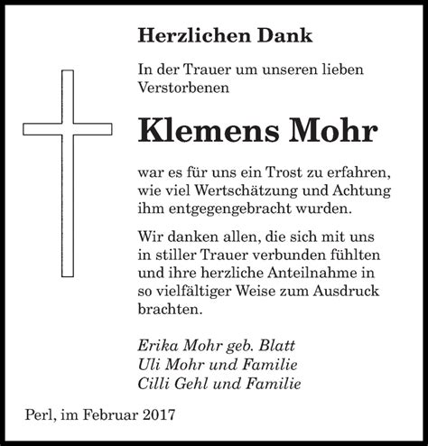 Traueranzeigen Von Klemens Mohr Saarbruecker Zeitung Trauer De