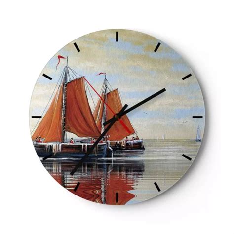 HORLOGE MURALE EN verre 40x40cm Silencieuse Voiliers Pétrole Orange