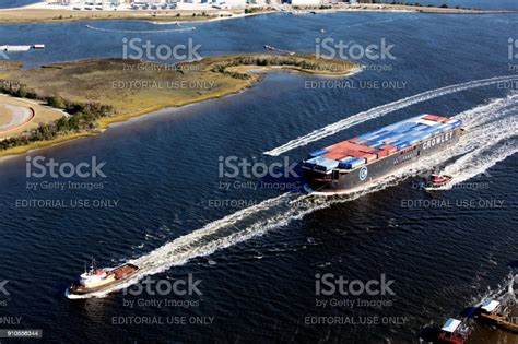 Aerial Container Ship Entering The Port Of Jacksonville Florida Stock