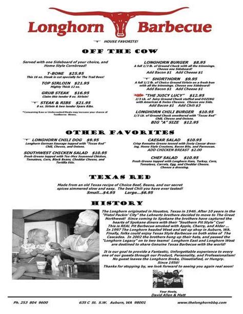 Longhorn Barbecue Menu In Spokane Valley Washington Usa