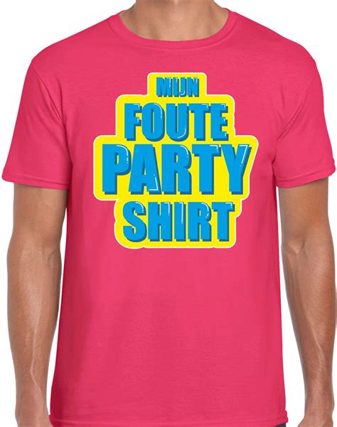 Mijn Foute Partyshirt T Shirt Roze Met Blauwgele Opdruk Voor Heren