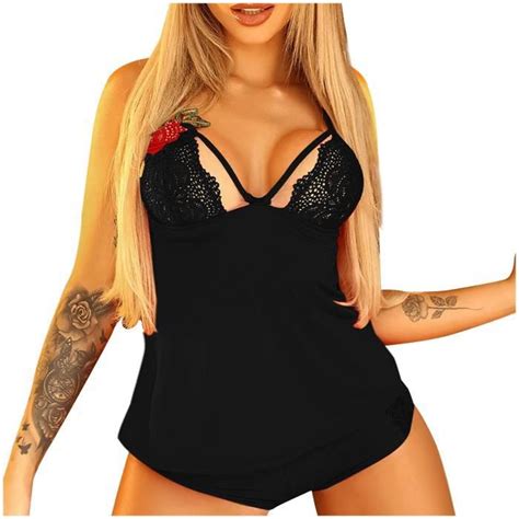 Mesdames Sexy Lingerie Tentation Deep V Dentelle Broderie Rose Pyjama