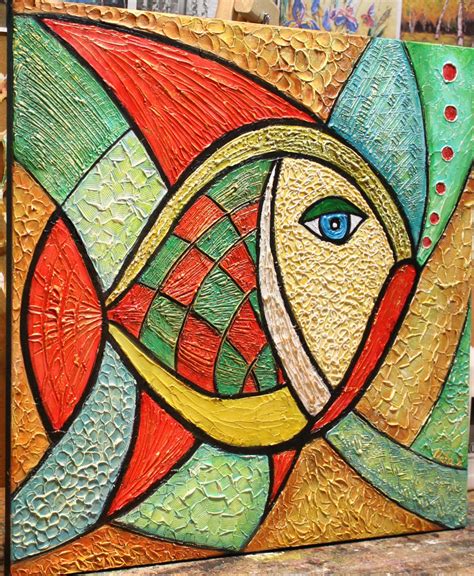 Original Poissons Abstrait Painting Heavy Textur Par Natasgallery