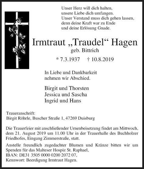 Traueranzeigen Von Irmtraut Traudel Hagen Trauer In Nrw De