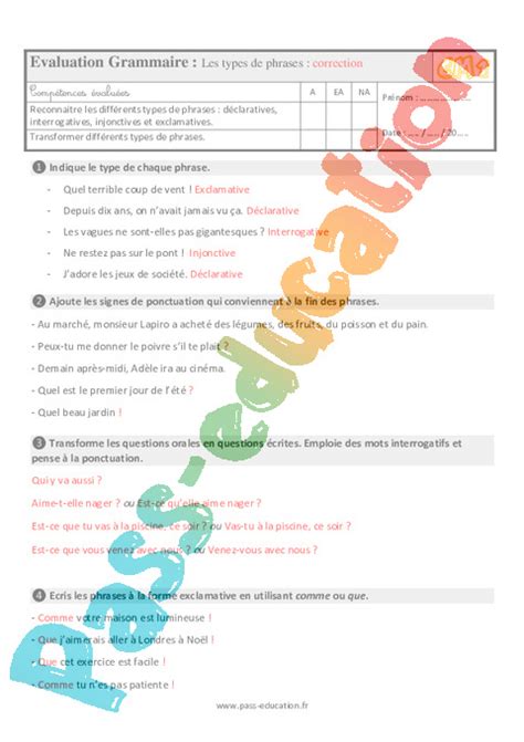 Les Types De Phrases Valuation Bilan Eme Primaire Pdf Imprimer