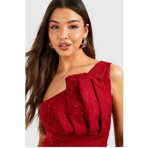 Glitter Red One Shoulder Pleat Detail Bodycon Dress Absolute Home