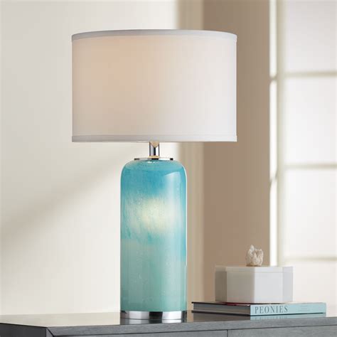 360 Lighting Modern Table Lamp With Nightlight 22 High Blue Art Glass Off White Drum Shade For