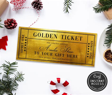 Editable Golden Ticket Gift Voucher Template Printable Christmas Gift