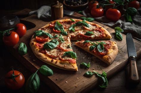 Premium Ai Image A Pizza With Basil Leaves On It And A Slice Of Pizza