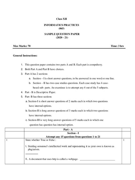 Fillable Online Class XII INFORMATICS PRACTICES 065 SAMPLE Fax