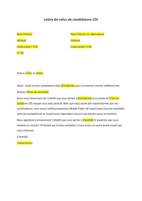 exemple lettre de refus modele lettre de refus dembauche modele de