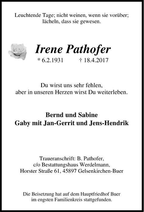 Traueranzeigen Von Irene Pathofer Trauer In NRW De