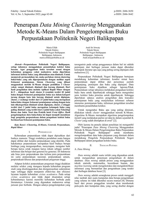 PDF Penerapan Data Mining Clustering Menggunakan Metode K Means Dalam