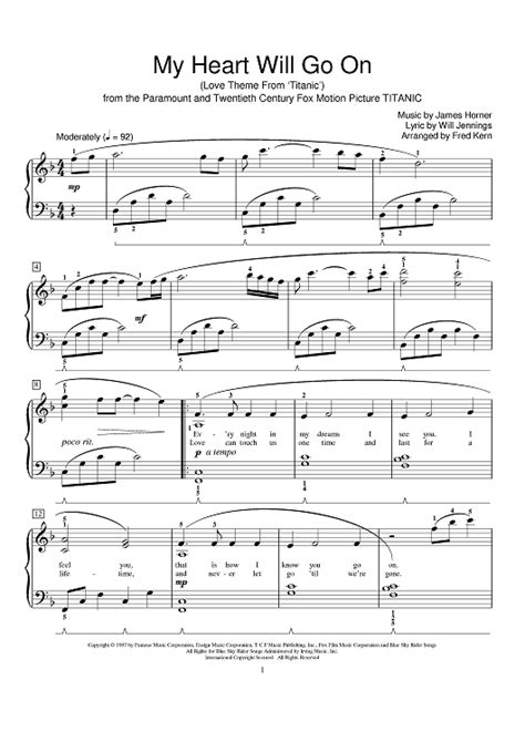 My Heart Will Go On Sheet Music By Celine Dion For Easy Pianovocal Sheet Music Now