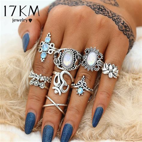 Buy 17KM Bohemia Stone Flower Knuckle Rings Set For Women Vintage