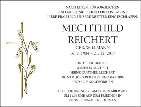 Traueranzeigen Von Mechthild Reichert Vrm Trauer De