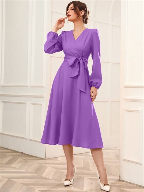 Surplice Neck Bishop Sleeve Belted Dress Purple Dress Outfits Long Dress Outfits Trendy