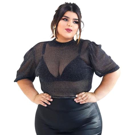 Cropped Tule Brilhoso Plus Size Moda Festa Balada Lurex Blusinha Zoe