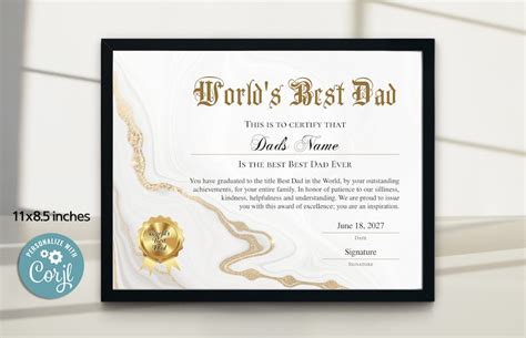 World S Best Dad Certificate Award Printable Editable Best Dad Award