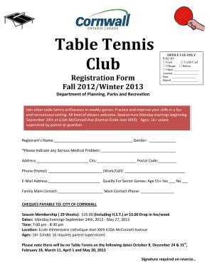 Fillable Online Table Tennis Club Registration Form Fall