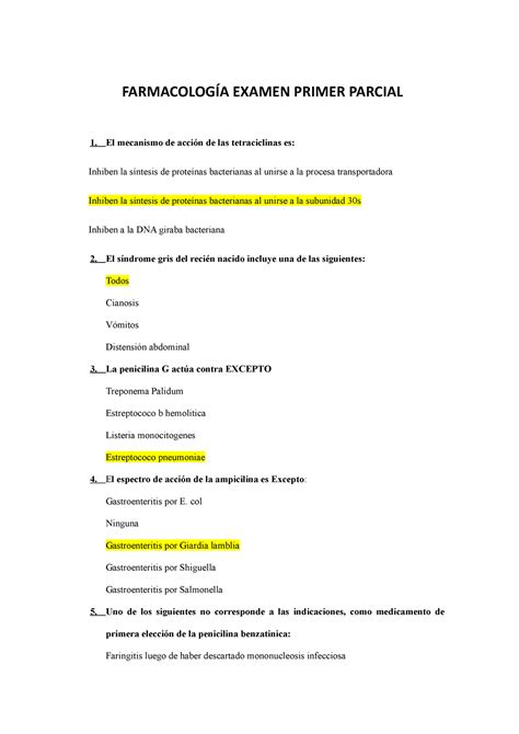 Examen De Farmacologia Final Primer Parcial Farmacolog A Examen