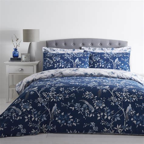 Dunelm Floral Reversible Blue Super Kingsize Oriental Bird Duvet Cover