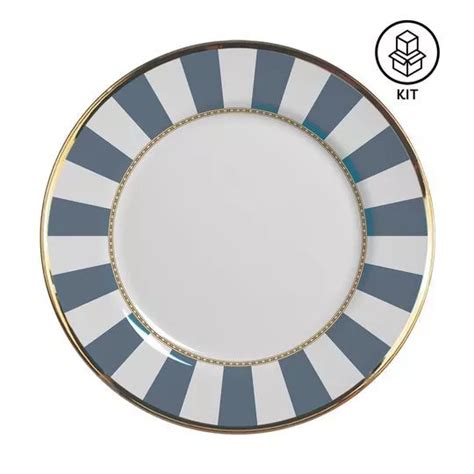 Jogo De Pratos Para Sobremesa Strip Branco Azul Claro 6Pçs 195ml