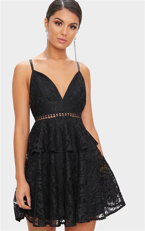 Black Lace Plunge Frill Waist Skater Dress Prettylittlething