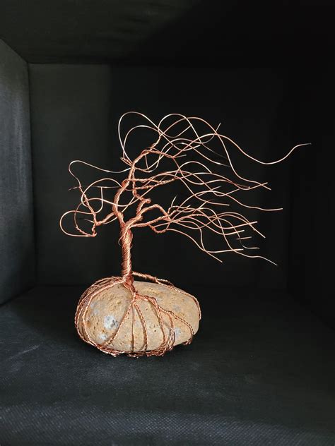 Copper Windswept Wire Tree Sculpture Bonsai Natural Stone Wire