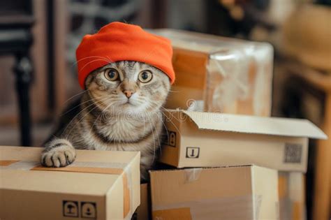 Delivery Service Cat Dressed As A Courier With Boxes For Delivery