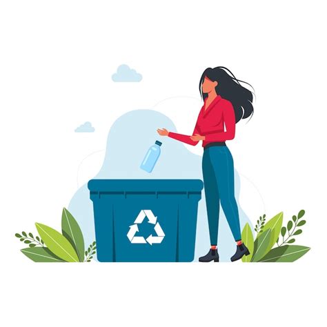 Premium Vector Woman Throws Plastic Bottle Into Trash Can Garbage Recycling Sign The Concept