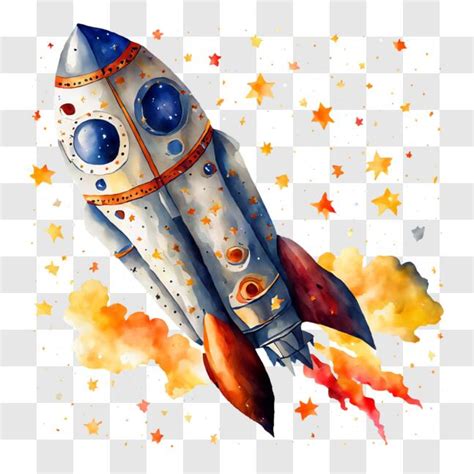 Download Watercolor painting of an orange and blue spaceship flying in ...