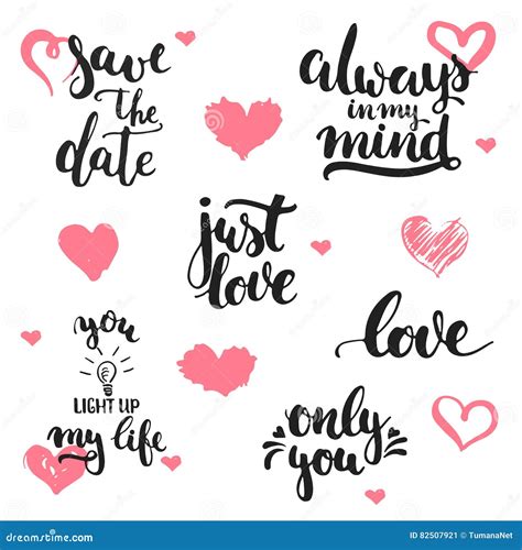 Hand Drawn Lettering Phrases About Love Set Isolated On The White