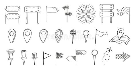 Map Pins Sign Vector Set Hand Drawn Location Icon In Doodle Syle