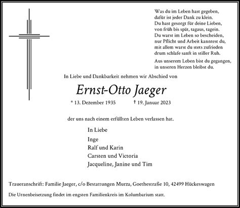 Alle Traueranzeigen für Ernst Otto Jaeger trauer rp online de