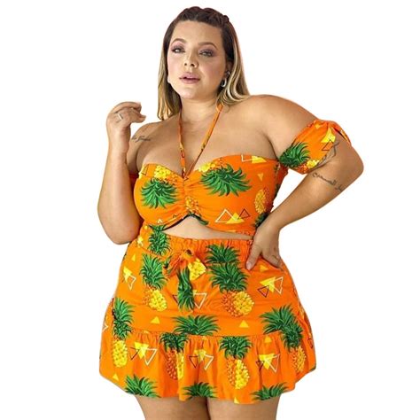 Plus Size Pineapple Print Halter Ruffle Two Piece Skirt Set Us