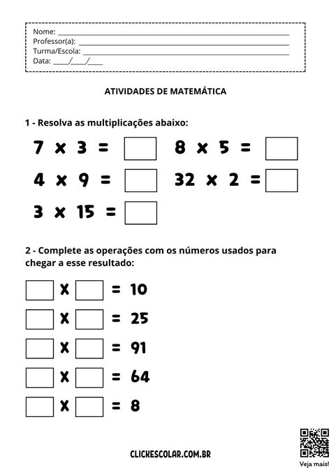 Atividades de Matemática para imprimir 3º ano