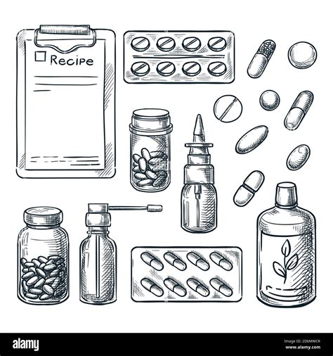 Pharmacy Medicine And Healthcare Vector Sketch Illustration Pills