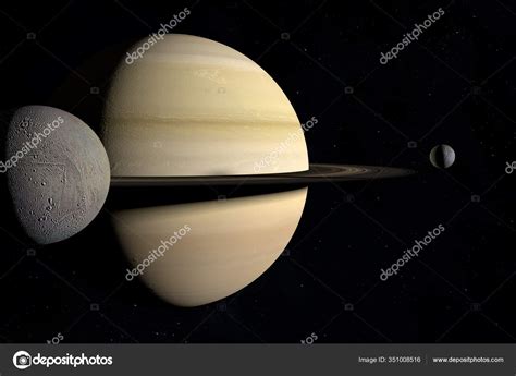 Enceladus Orbiting Saturn Planet Together Mimas Render Stock Photo By