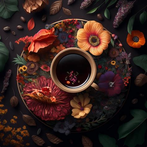 Premium AI Image A Cup Of Coffee Sits On A Plate With Flowers And