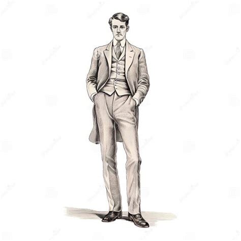 Vintage Fashion Illustration Ink Drawing Of A Man In A Suit And Bow Tie Stock Illustration