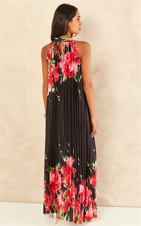 Black Floral Halter Neck Maxi Dress Gini London Silkfred Us