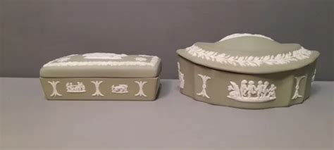 Vintage Wedgwood Jasperware Sage Green Lidded Trinket Boxes Gift Idea