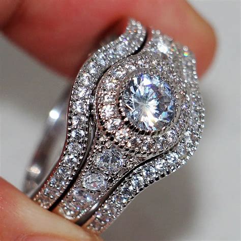 3Pcs/set Luxury Crystal Rhinestone Wedding Rings Sets Jewelry Bridal Wedding Rings Pair ...