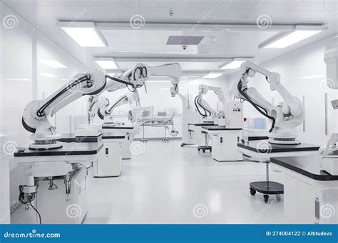 Cleanroom With Robotic Arms And Interchangeable Tools Performing