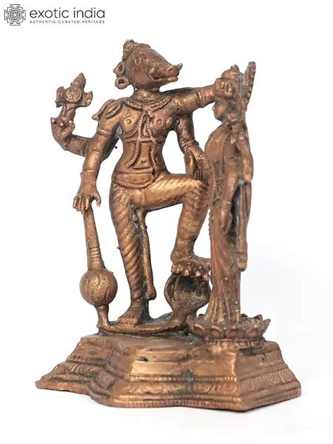 Small Standing Lord Varaha And Devi Lakshmi Copper Statue Exotic