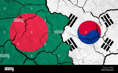 Flags Of Bangladesh And South Korea On Cracked Surface Politics