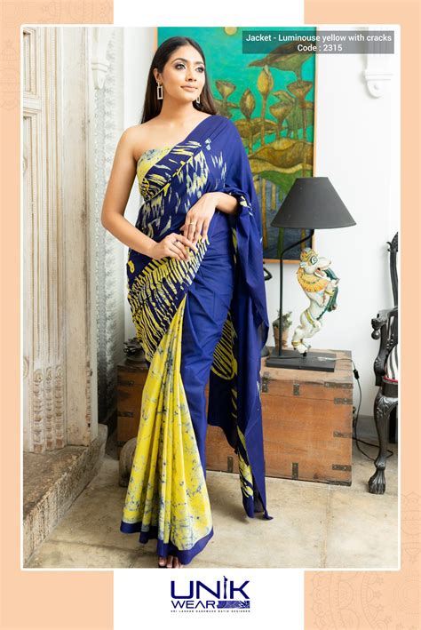 BLUE YELLOW COLOR SRI LANKAN HANDMADE MODERN COTTON BATIK SAREE 2315